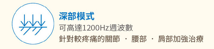 深部模式 可高達1200Hz週波數 針對較疼痛的關節 ． 腰部 ． 肩部加強治療