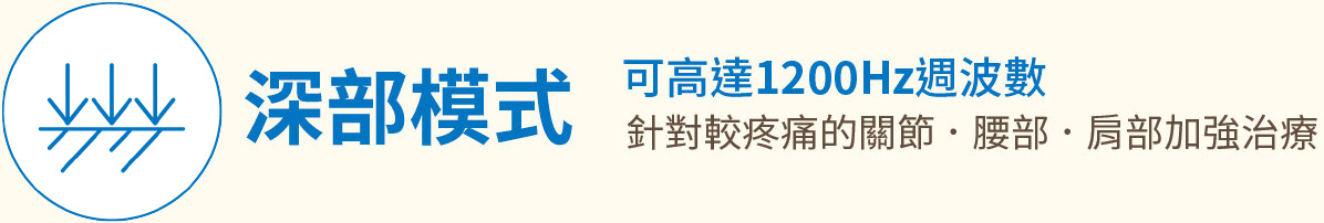 深部模式 可高達1200Hz週波數 針對較疼痛的關節 ． 腰部 ． 肩部加強治療